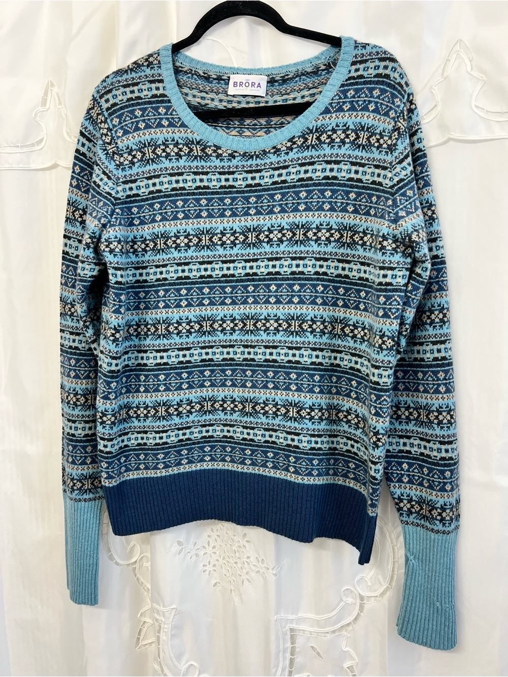 Brora 100% Scottish Cashmere Fair Isle Sweater Blue UK 14 US 10 Made Scotland